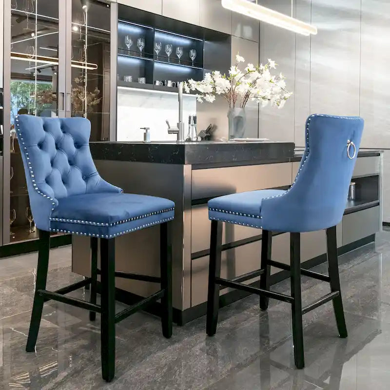 Velvet Upholstered Barstools with Nailhead Trim and Footrest