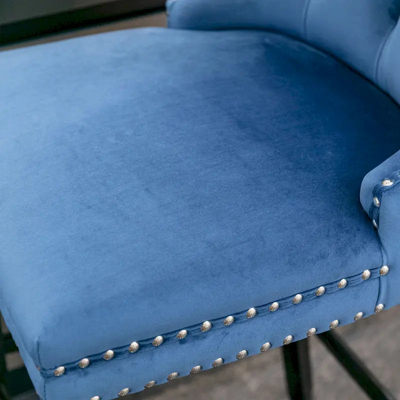 Velvet Upholstered Barstools with Nailhead Trim and Footrest