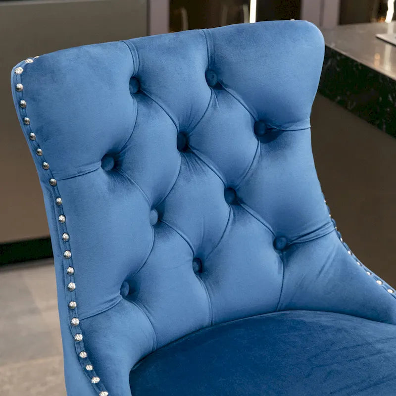 Velvet Upholstered Barstools with Nailhead Trim and Footrest