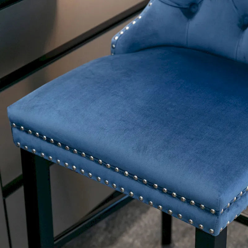 Velvet Upholstered Barstools with Nailhead Trim and Footrest