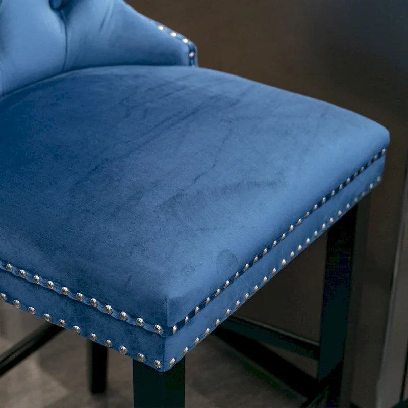 Velvet Upholstered Barstools with Nailhead Trim and Footrest