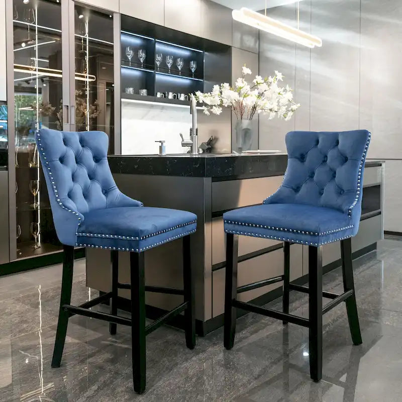 Velvet Upholstered Barstools with Nailhead Trim and Footrest