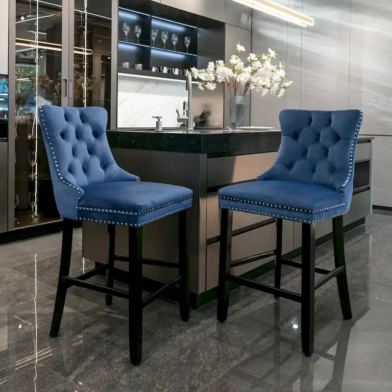 Velvet Upholstered Barstools with Nailhead Trim and Footrest