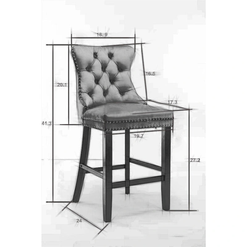 Velvet Upholstered Barstools with Nailhead Trim and Footrest