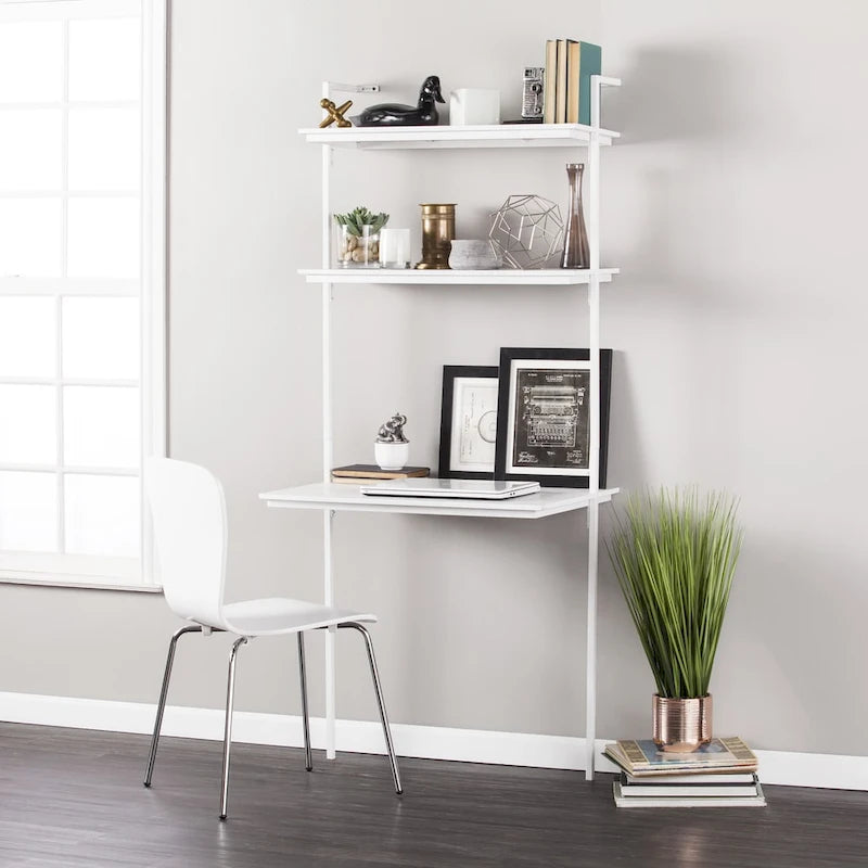 White Wall-Mounted Floating Desk with Hutch Shelves