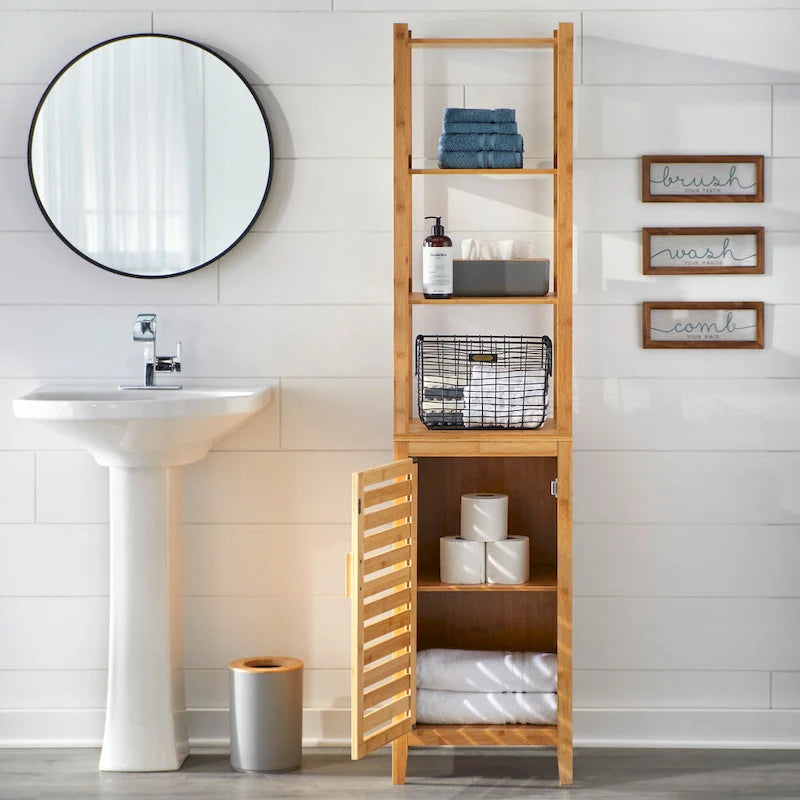 Bamboo Linen Tower with Open Shelves and Cabinet