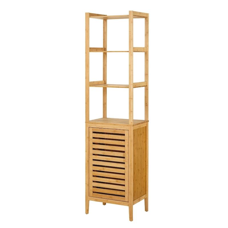 Bamboo Linen Tower with Open Shelves and Cabinet