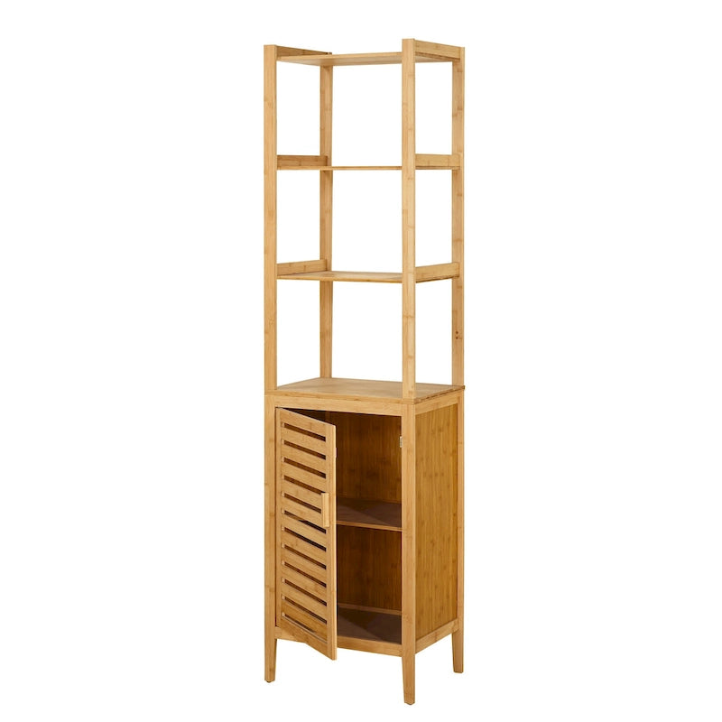 Bamboo Linen Tower with Open Shelves and Cabinet