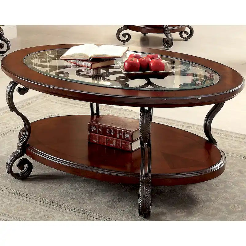 Traditional Oval Glass-Top Coffee Table with Scrolled Metalwork & Lower Shelf