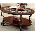 Traditional Oval Glass-Top Coffee Table with Scrolled Metalwork & Lower Shelf