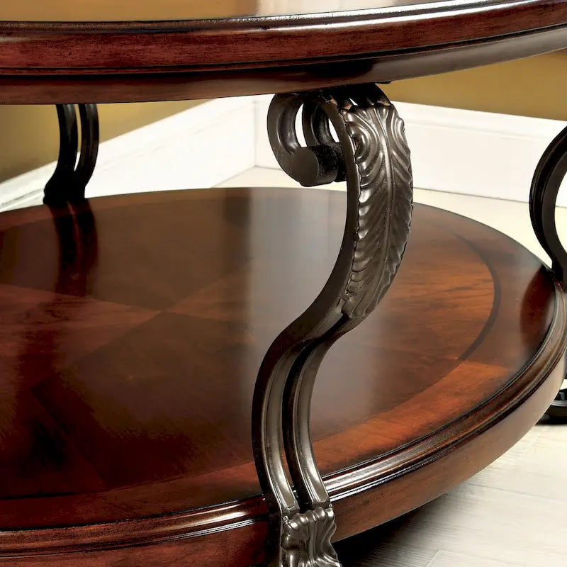 Traditional Oval Glass-Top Coffee Table with Scrolled Metalwork & Lower Shelf