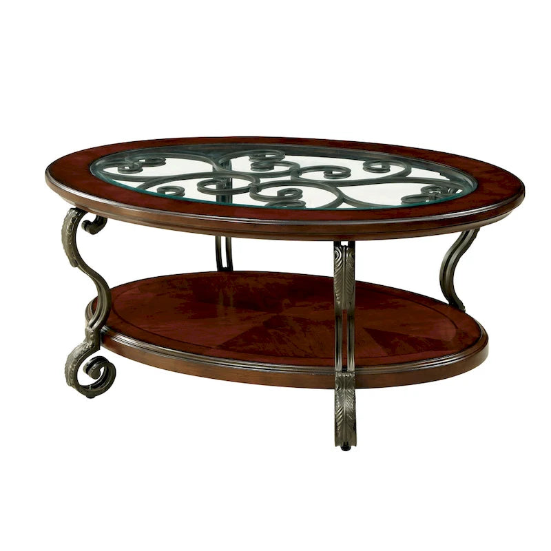 Traditional Oval Glass-Top Coffee Table with Scrolled Metalwork & Lower Shelf
