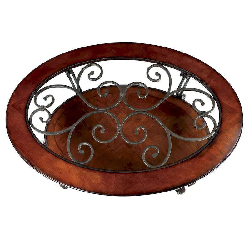 Traditional Oval Glass-Top Coffee Table with Scrolled Metalwork & Lower Shelf