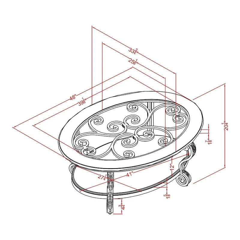 Traditional Oval Glass-Top Coffee Table with Scrolled Metalwork & Lower Shelf