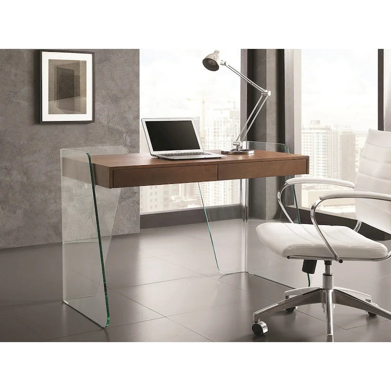 Modern Glass-Top Office Desk with 2 Soft-Close Drawers