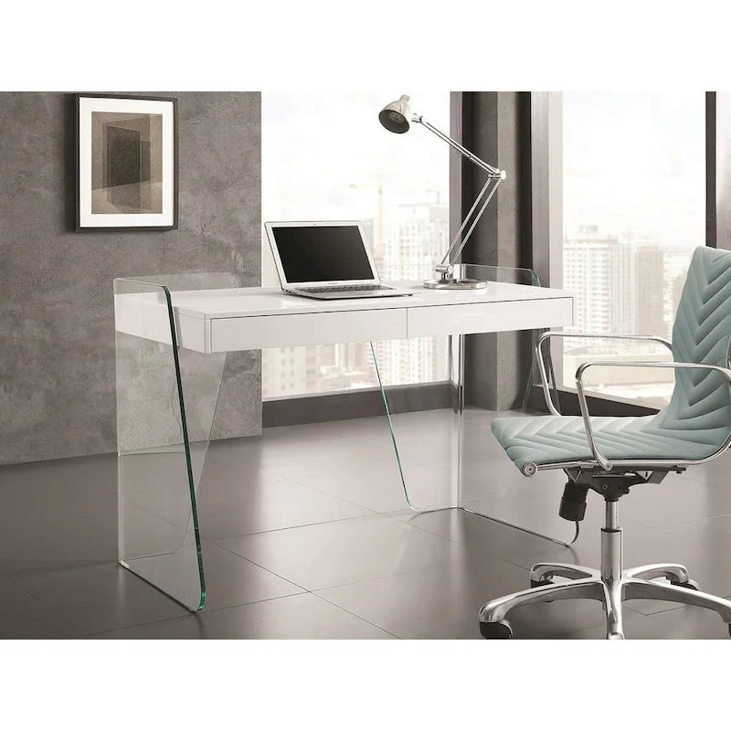 Modern Glass-Top Office Desk with 2 Soft-Close Drawers