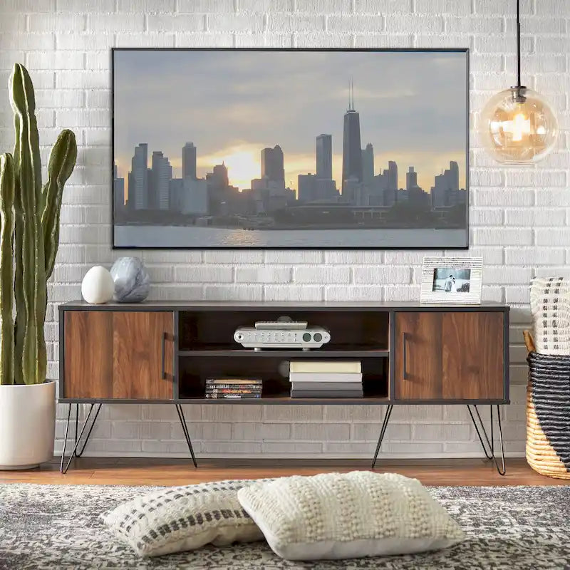 Mid-Century Walnut & Black TV Stand with Side Cabinets