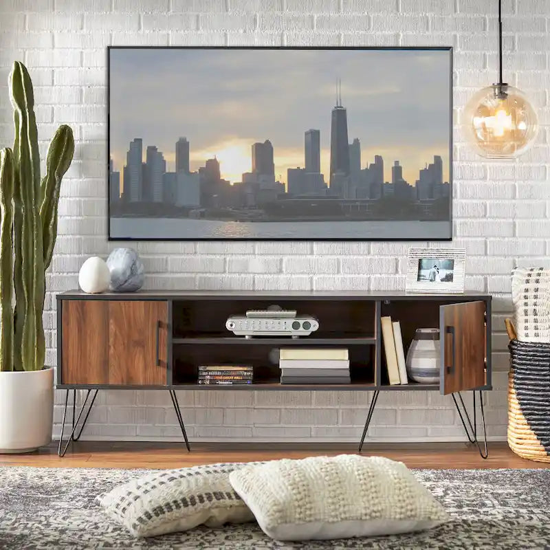 Mid-Century Walnut & Black TV Stand with Side Cabinets