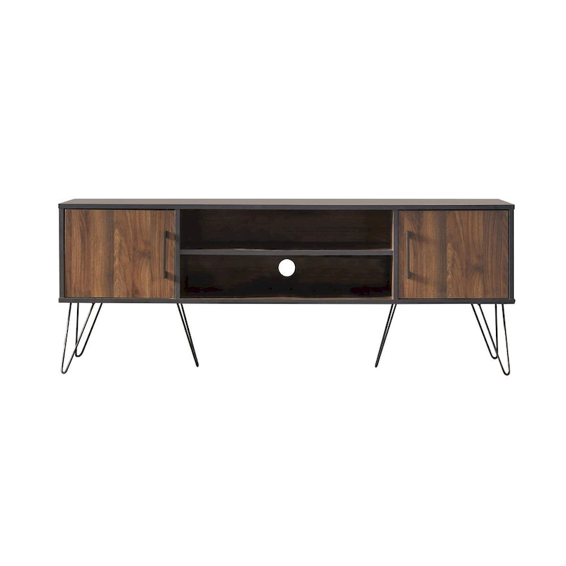 Mid-Century Walnut & Black TV Stand with Side Cabinets