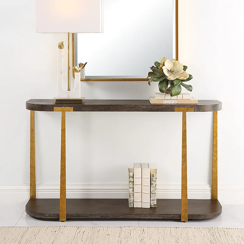 Oak Veneer Console Table with Antique Gold Metal Columns