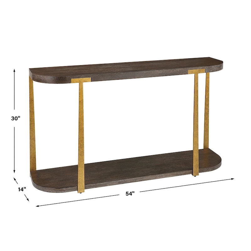 Oak Veneer Console Table with Antique Gold Metal Columns