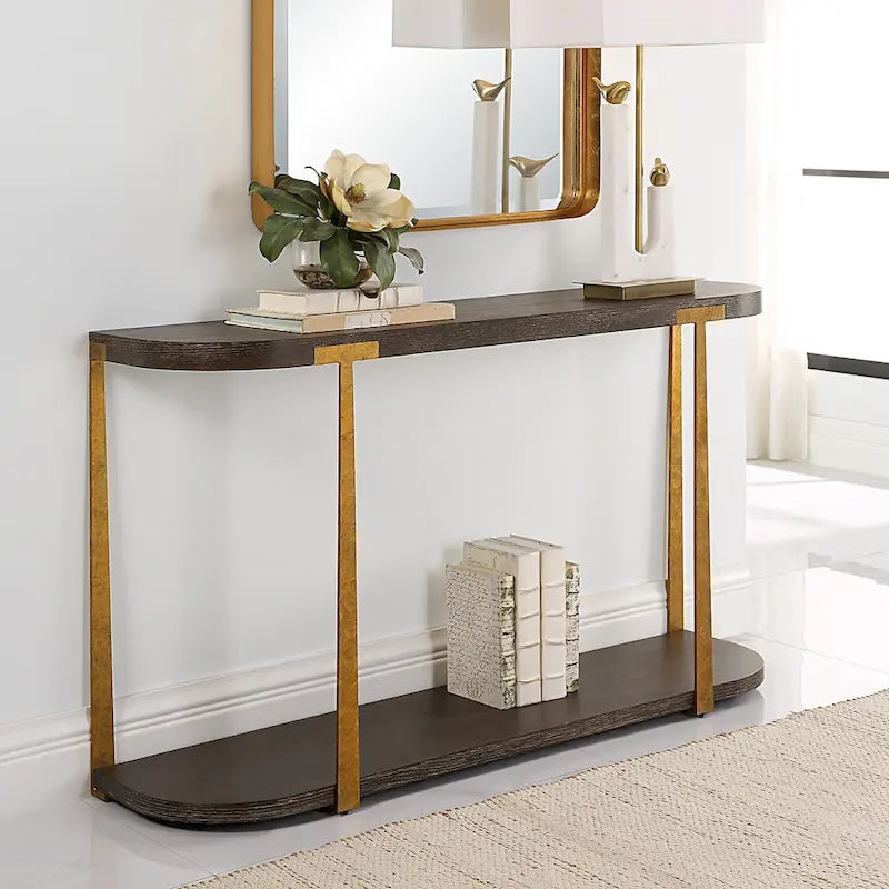 Oak Veneer Console Table with Antique Gold Metal Columns