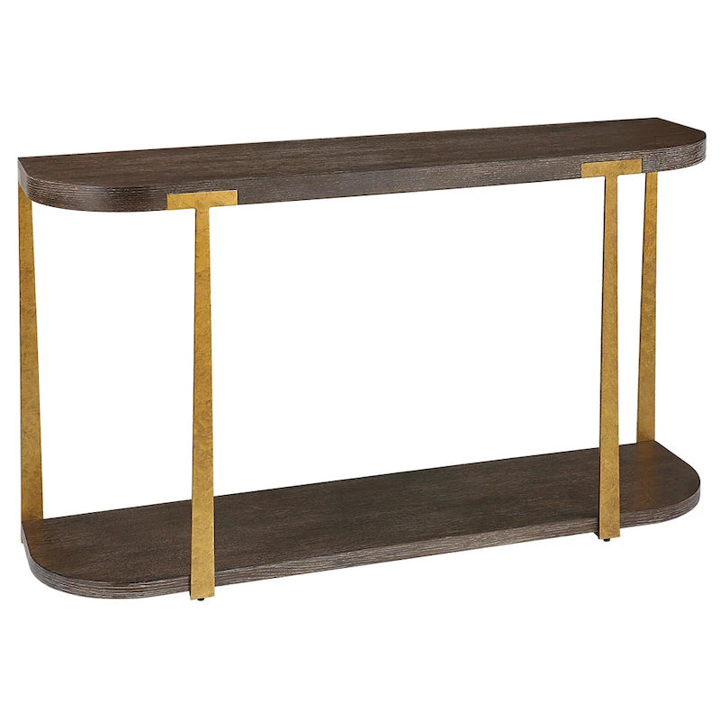 Oak Veneer Console Table with Antique Gold Metal Columns