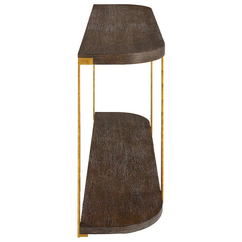 Oak Veneer Console Table with Antique Gold Metal Columns