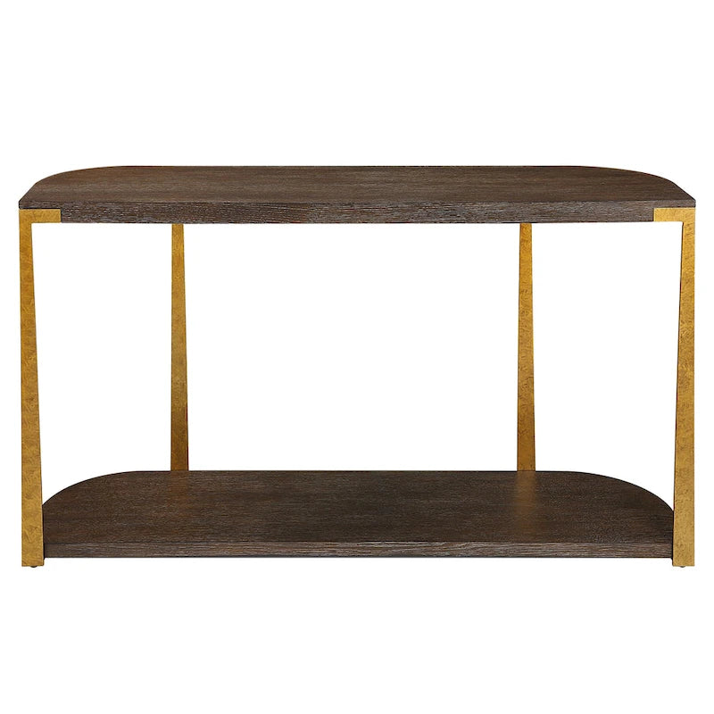 Oak Veneer Console Table with Antique Gold Metal Columns