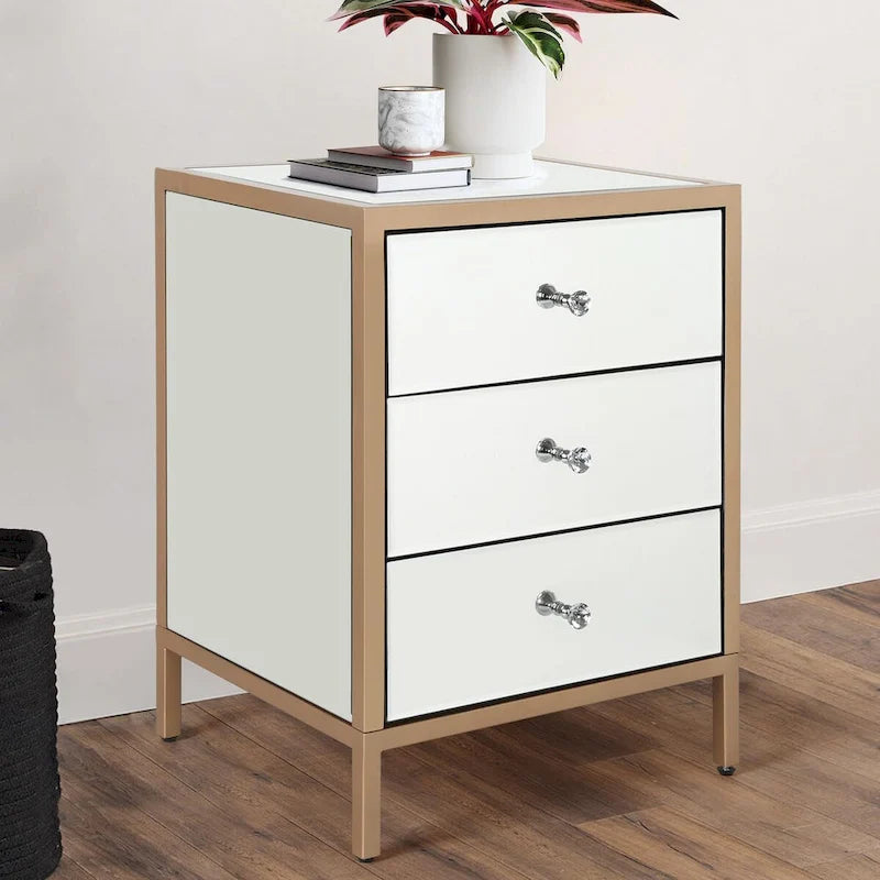 Glam Mirrored 3-Drawer Nightstand with Rose Gold Frame
