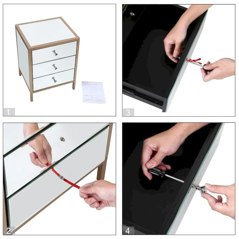 Glam Mirrored 3-Drawer Nightstand with Rose Gold Frame