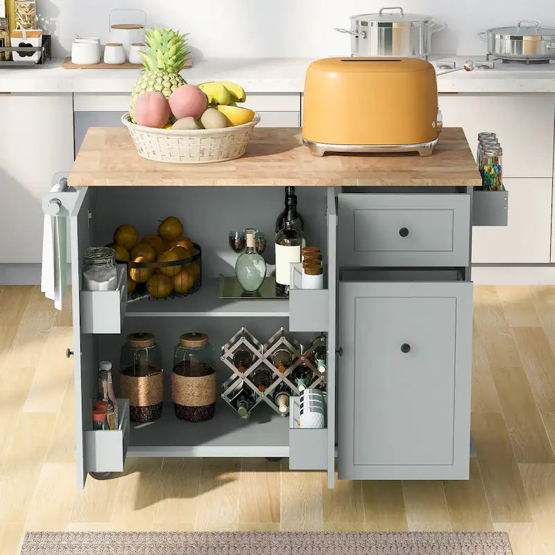 Rolling Kitchen Island Cart with Drop-Leaf, Drawers & Spice Rack