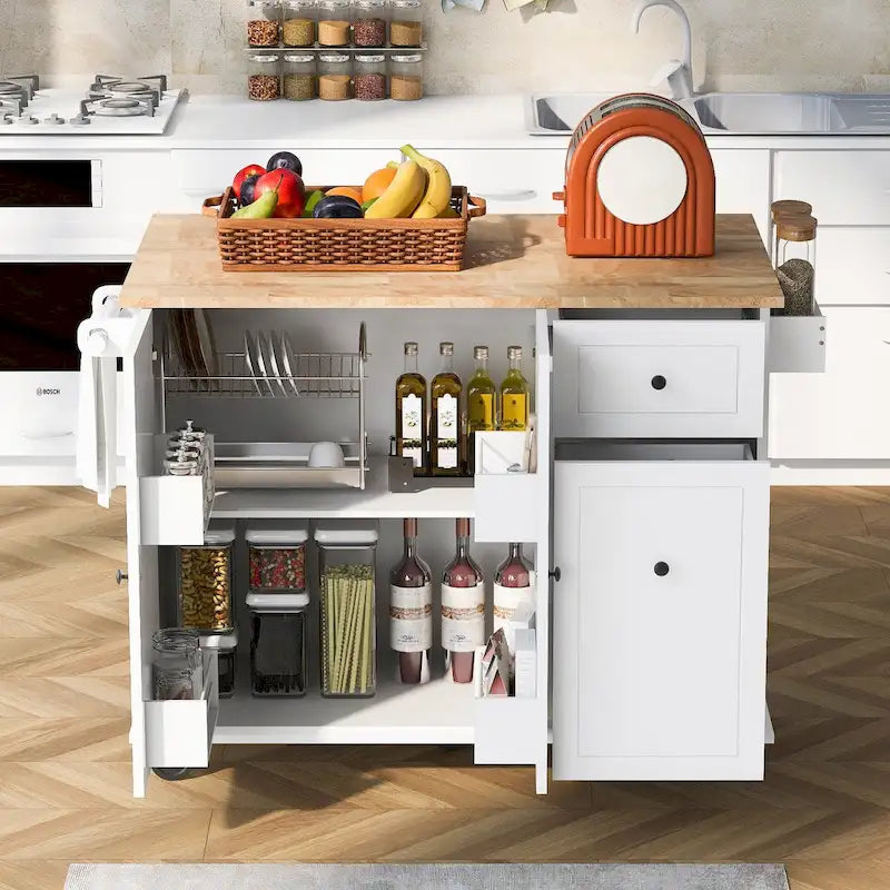 Rolling Kitchen Island Cart with Drop-Leaf, Drawers & Spice Rack