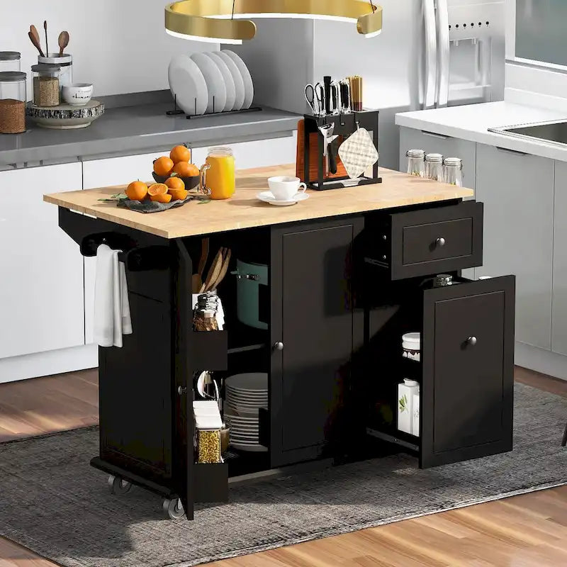 Rolling Kitchen Island Cart with Drop-Leaf, Drawers & Spice Rack