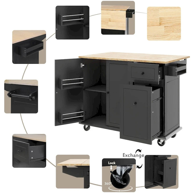 Rolling Kitchen Island Cart with Drop-Leaf, Drawers & Spice Rack