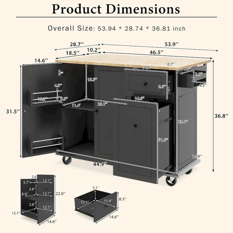 Rolling Kitchen Island Cart with Drop-Leaf, Drawers & Spice Rack