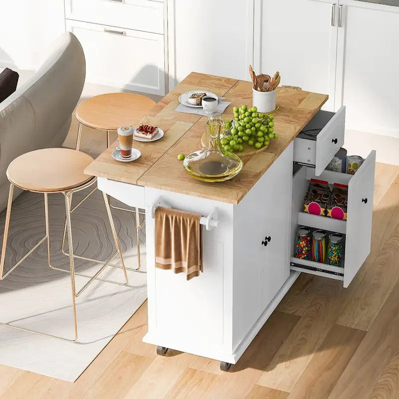 Rolling Kitchen Island Cart with Drop-Leaf, Drawers & Spice Rack