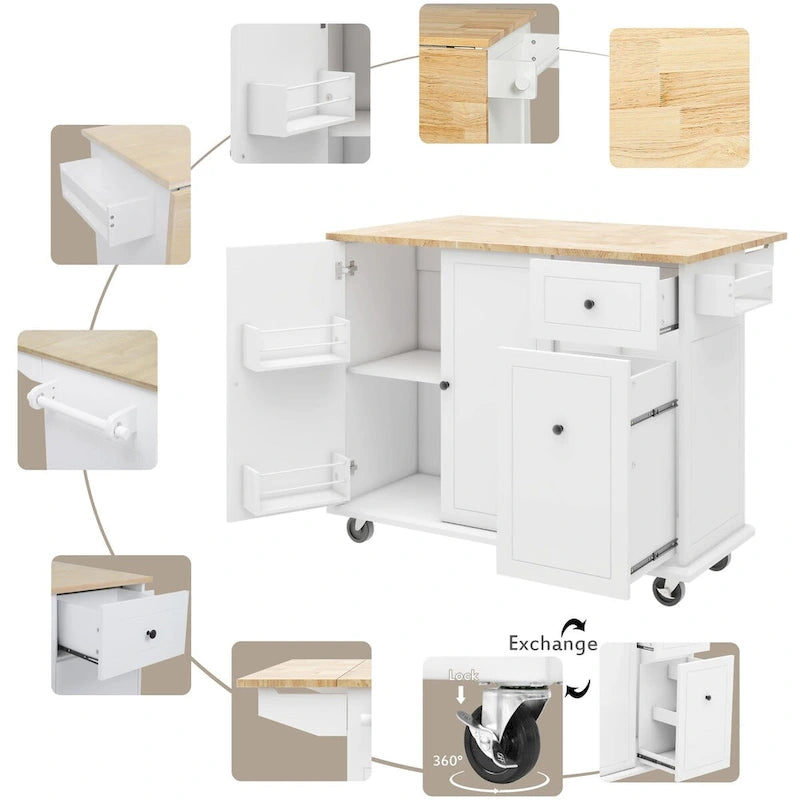 Rolling Kitchen Island Cart with Drop-Leaf, Drawers & Spice Rack