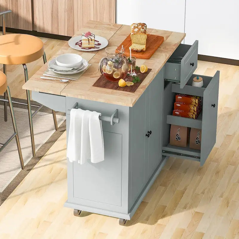 Rolling Kitchen Island Cart with Drop-Leaf, Drawers & Spice Rack