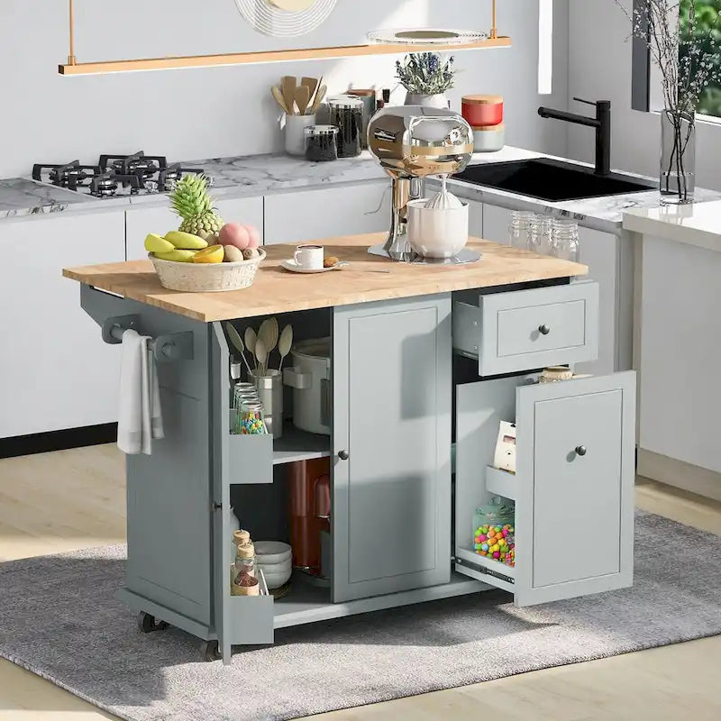 Rolling Kitchen Island Cart with Drop-Leaf, Drawers & Spice Rack