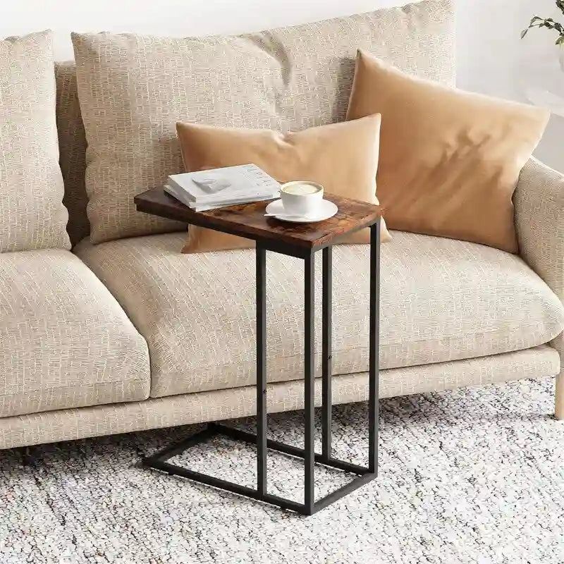 C-Shaped Side Table with Steel Frame for Sofa & Bed