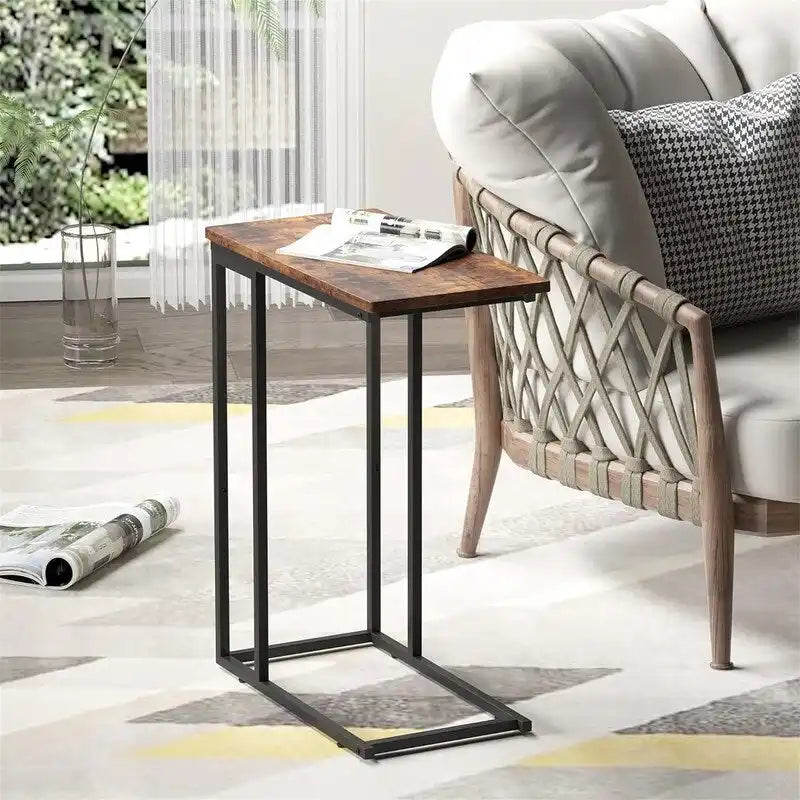 C-Shaped Side Table with Steel Frame for Sofa & Bed