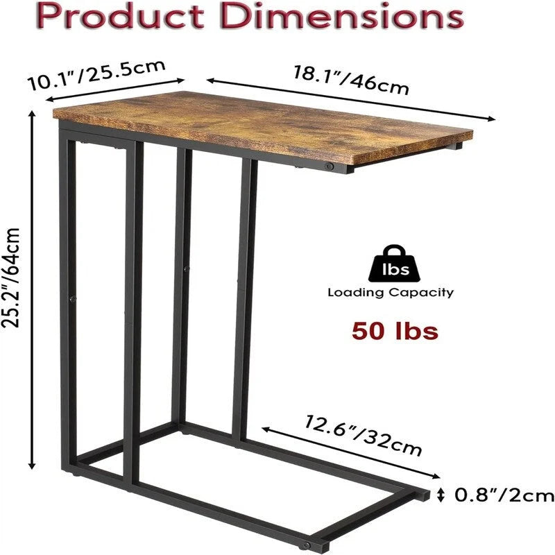 C-Shaped Side Table with Steel Frame for Sofa & Bed