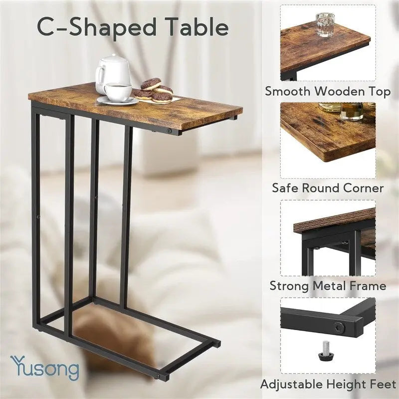 C-Shaped Side Table with Steel Frame for Sofa & Bed
