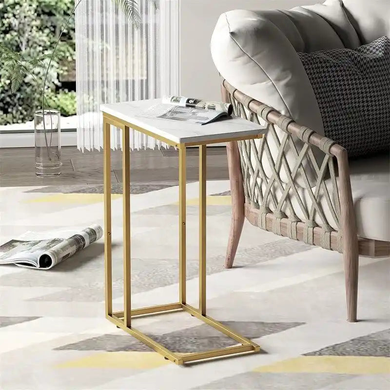 C-Shaped Side Table with Steel Frame for Sofa & Bed