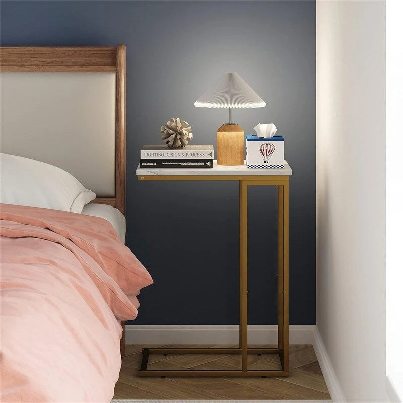 C-Shaped Side Table with Steel Frame for Sofa & Bed
