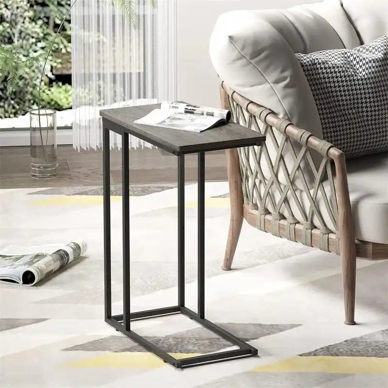 C-Shaped Side Table with Steel Frame for Sofa & Bed