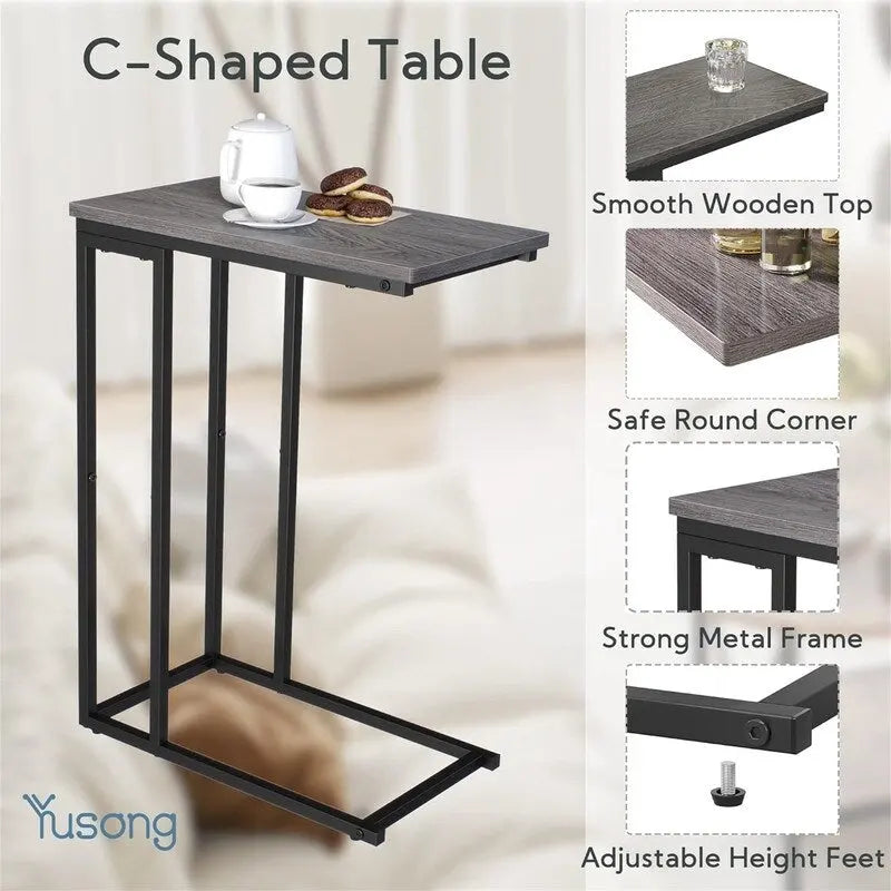 C-Shaped Side Table with Steel Frame for Sofa & Bed