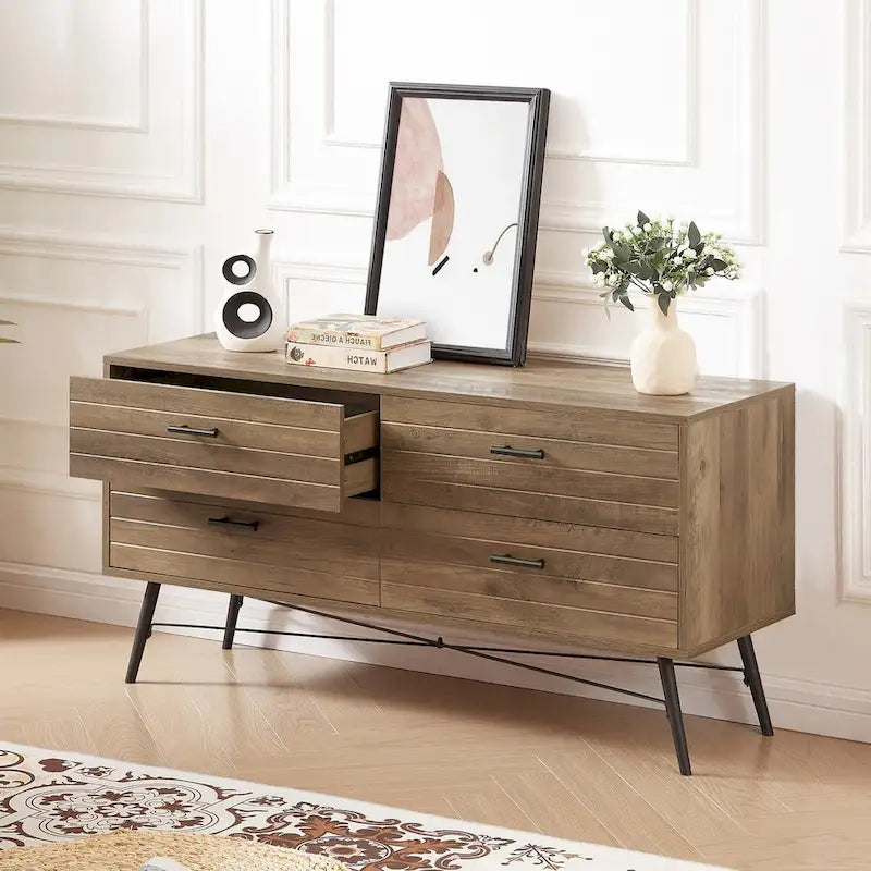 4-Drawer Wood Dresser with TV Stand Top – Walnut Brown