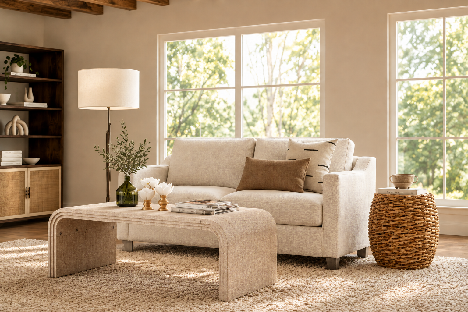 Art Deco Raffia Coffee Table in Warm Living Room